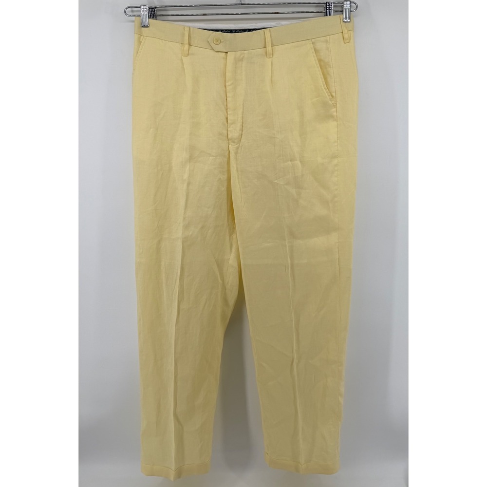 Steve Harvey Dress Pants Mens 40x32 Yellow Celebrity Edition Linen Pleated flaw